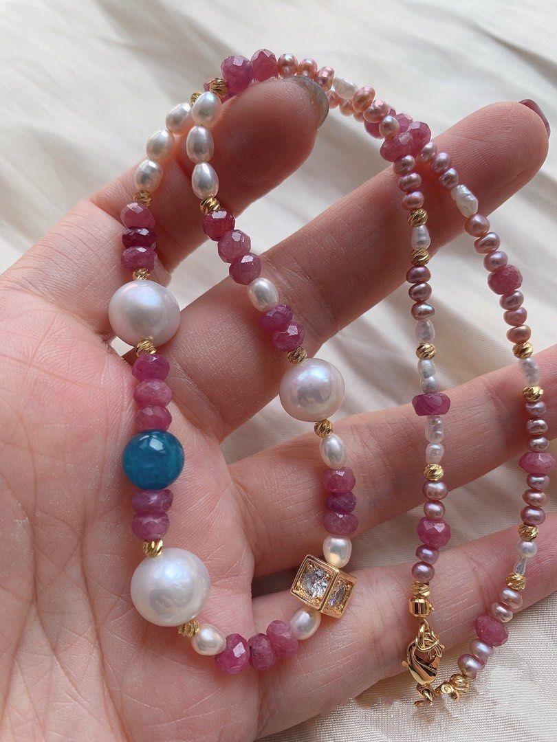 #PN207 Freshwater Pearl Necklace & Bracelet & Earrings Set| Tourmaline|White Edison & Pink Baroque Pearls