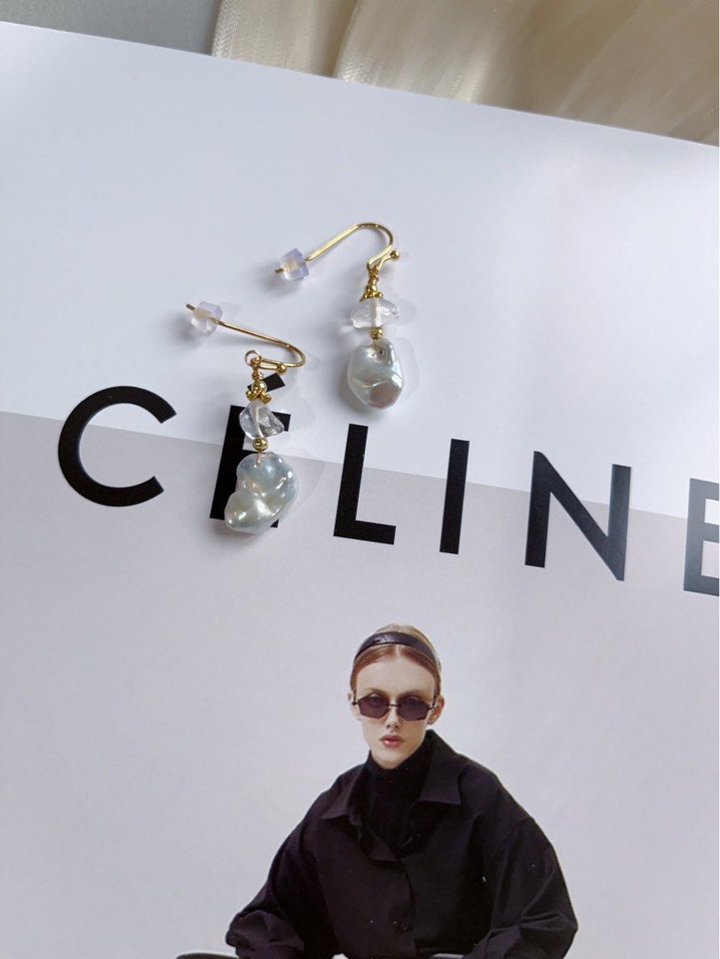 #PN141 [Floral Series] Original Design & Handmade |Genuine Freshwater Pearl Necklace & Earrings Set|Colourful|Big Baroque Pearl Pendant |Silver Style |Irregular ”Stone” Shaped Earrings