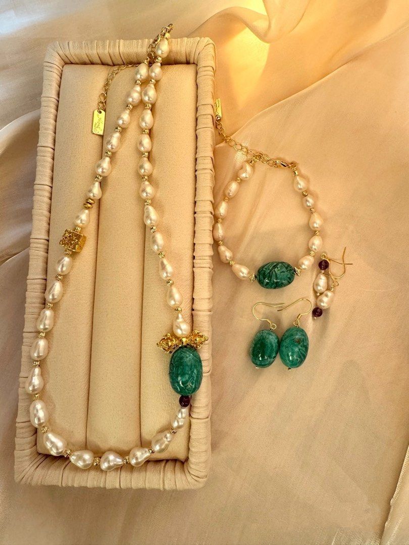 #PN222 Sleek Modern | Freshwater Pearl Necklace & Bracelet & Earrings Set| Gourd Shaped Pearl| Natural Stones