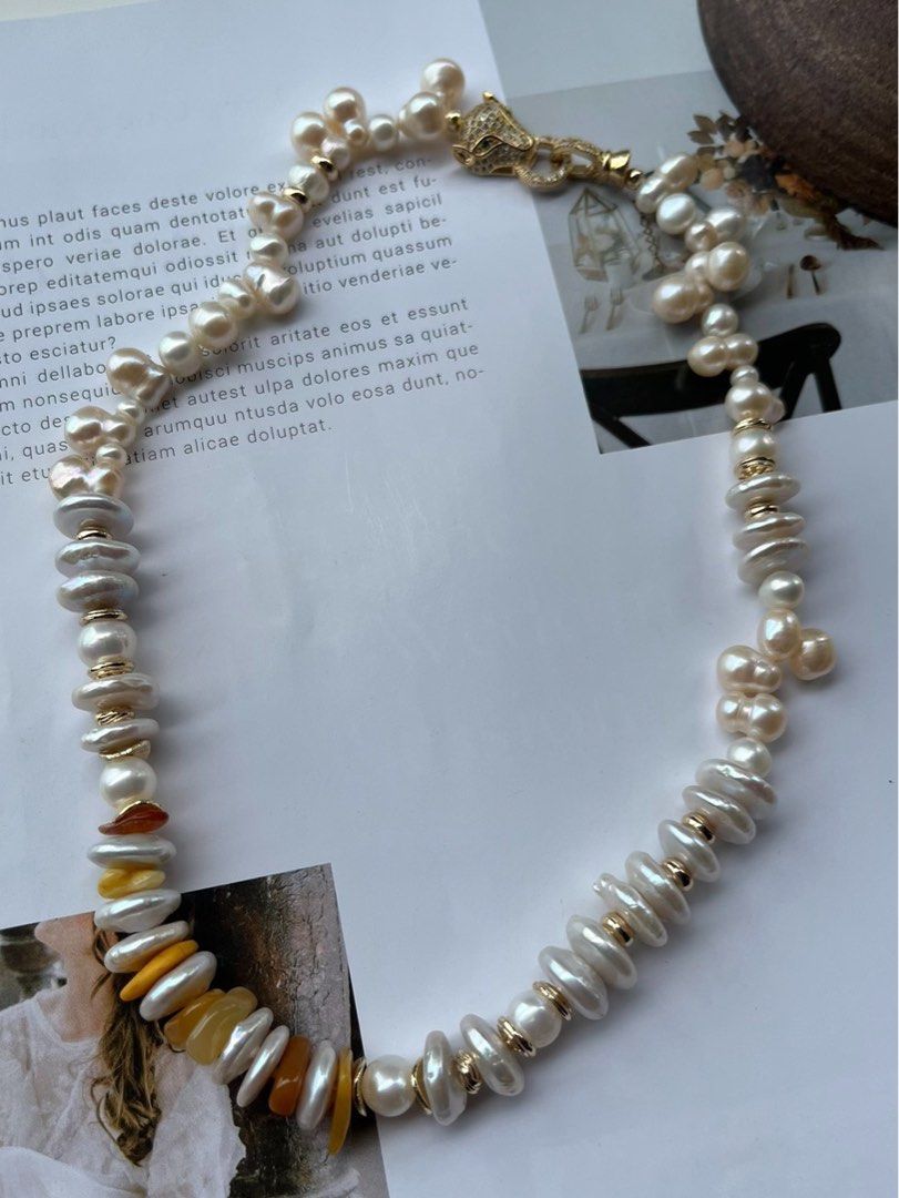 #PN36 [Sale]Buttoned Splendour | Handmade Original Design | Freshwater Pearl Necklace | Beeswax | Gourd Pearl| Button Pearl Leopard Clasp