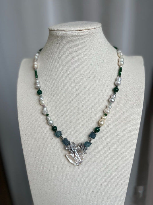 #PN160 [Floral Series] Sea Waves|Freshwater Pearl Necklace |Aquamarine|Jade|Petal Pearl |Big Baroque Pearl