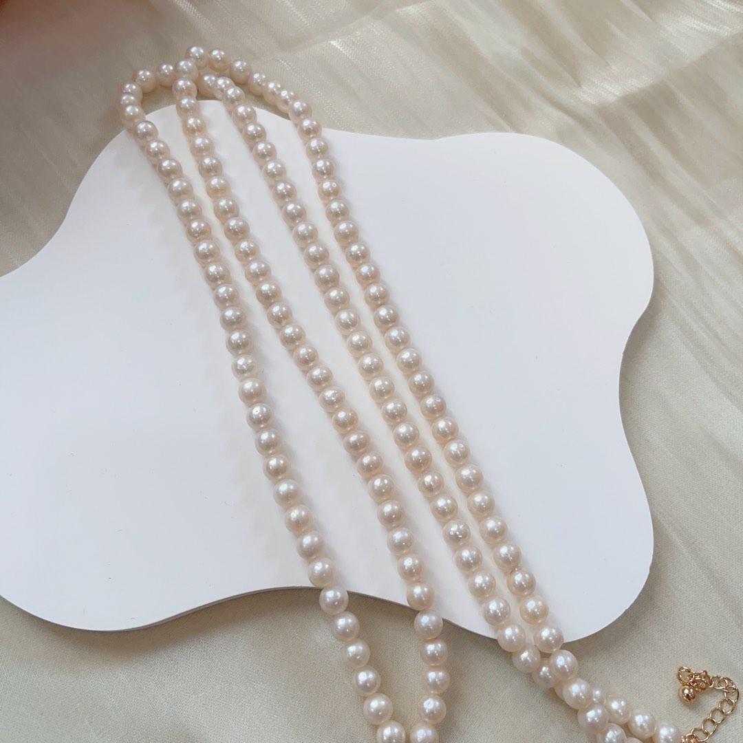#PN93 Double-layered Genuine Freshwater Pearl Necklace White Round Pearls 5mm