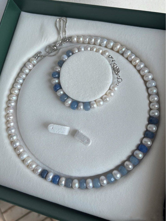 #PN193 London Evening |Freshwater Pearl Necklace & Bracelet Set |Aquamarine|Agate|Gradient Shades |Big Lustrous Pearl|Adjustable Length