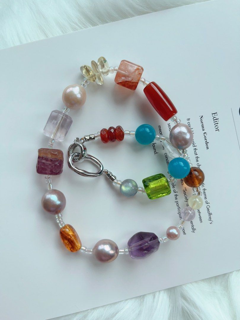 #PN275 [Open Box] Multi Natural Stones & Freshwater Pearl Necklace | Amazonite | Purple Quartz | Amber | Red Agate | Cinnabar | Lemon Quartz | Fluorite | Grey Moonstone | Big Baroque Pearl