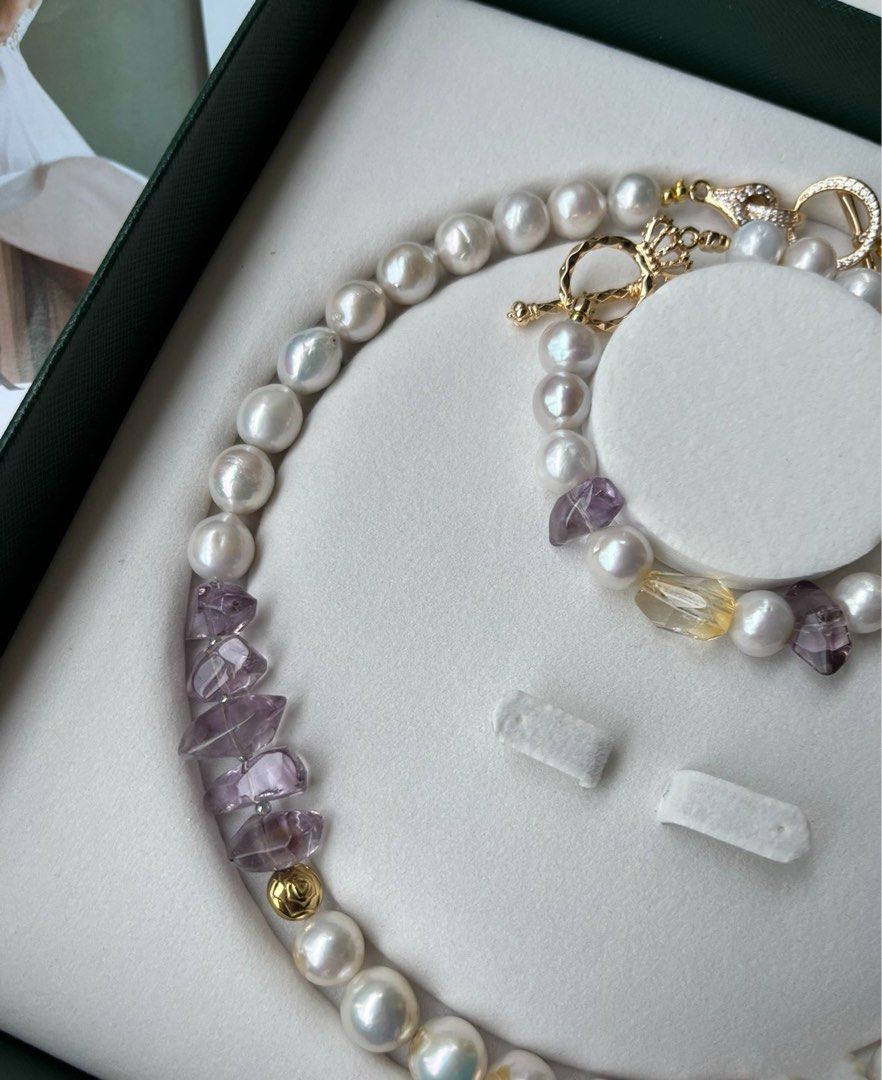 #PN237 Make a Presence | Freshwater Pearl Necklace & Bracelet Set|Yellow Quartz |Purple Quartz |High Quality National Stones|Big Baroque Pearl