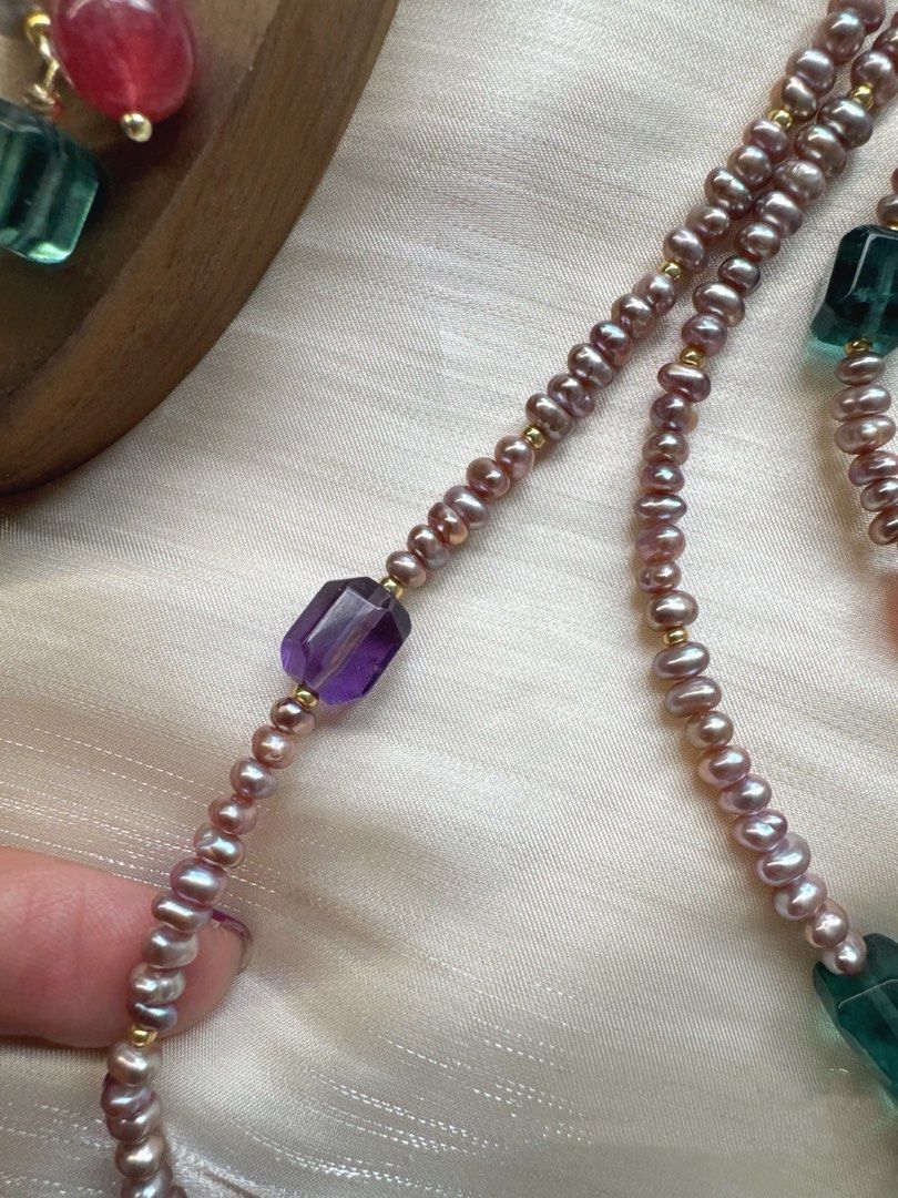 #PN15 Green Grapes| Freshwater Pearl Necklace & Bracelet & Earrings Set | High Quality Green Fluorite Cube|Amethyst Cube| Strawberry Quartz |Baby Baroque Keshi Pearl