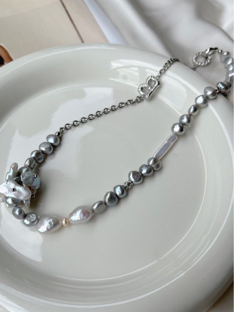 #PN129 [Floral Series] Freshwater Pearl Necklace & Bracelet Set|Silver Cool Style |Floral and Baroque Pearl