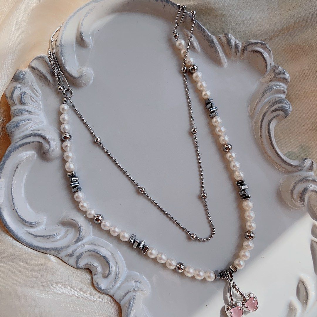 #PN95 [Sale]Natural Freshwater Pearl Necklace | Cool Silver Colour Necklace | Double Layered| Pink Crystal Cherry Pendant
