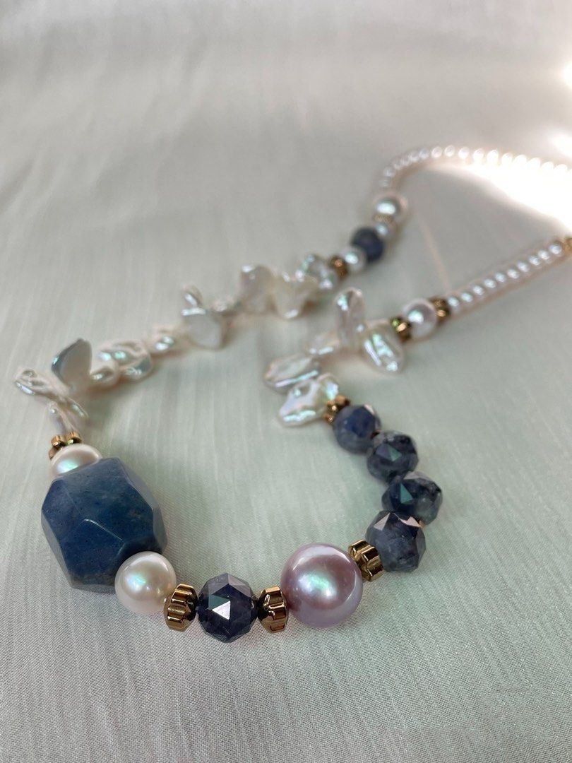 #PN75 Pearlescent Bliss| Freshwater Pearl Necklace | Big Sodalite Faceted| Flower Petal Baroque Pearl | Edison Pearl | Iolite