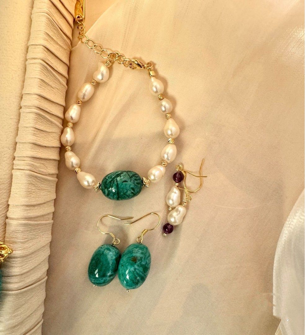 #PN222 Sleek Modern | Freshwater Pearl Necklace & Bracelet & Earrings Set| Gourd Shaped Pearl| Natural Stones