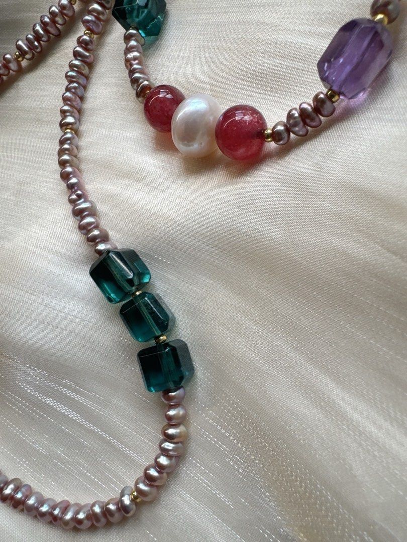 #PN15 Green Grapes| Freshwater Pearl Necklace & Bracelet & Earrings Set | High Quality Green Fluorite Cube|Amethyst Cube| Strawberry Quartz |Baby Baroque Keshi Pearl