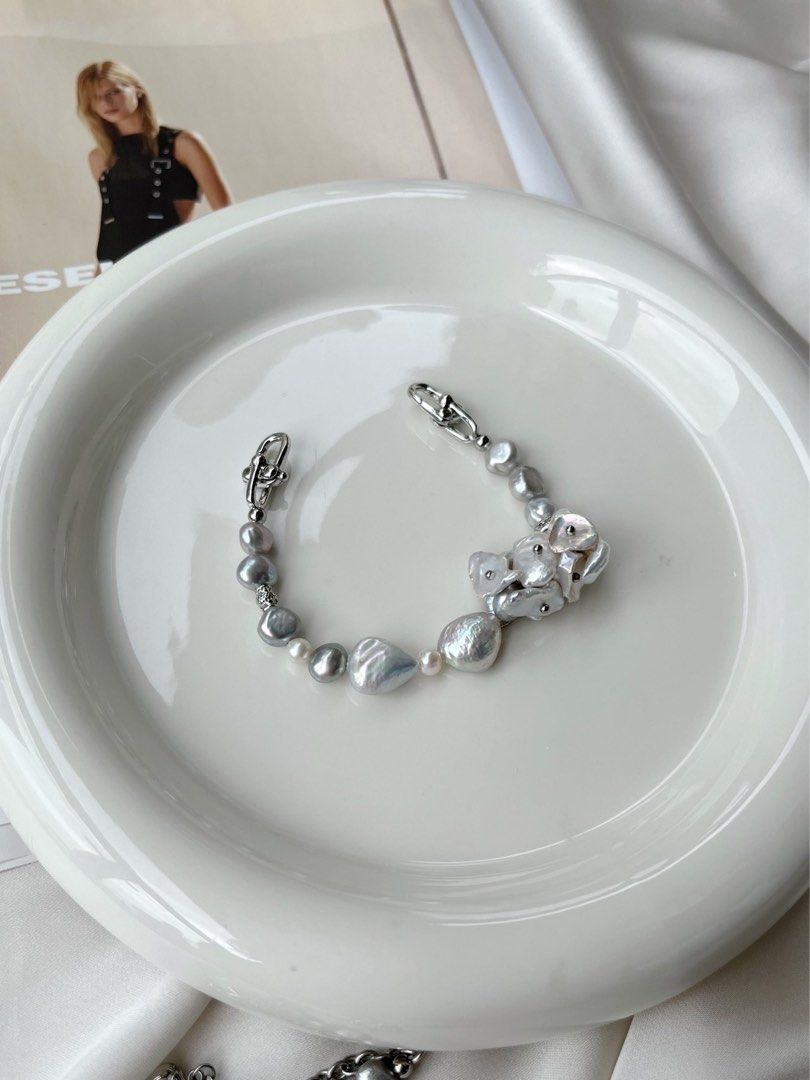 #PN129 [Floral Series] Freshwater Pearl Necklace & Bracelet Set|Silver Cool Style |Floral and Baroque Pearl