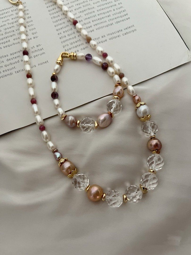 #PN252 [Sale] Clear Palace|Freshwater Pearl Necklace & Bracelet Set|Clear Quartz |Lustrous Edison Pearl |Champagne, Purple