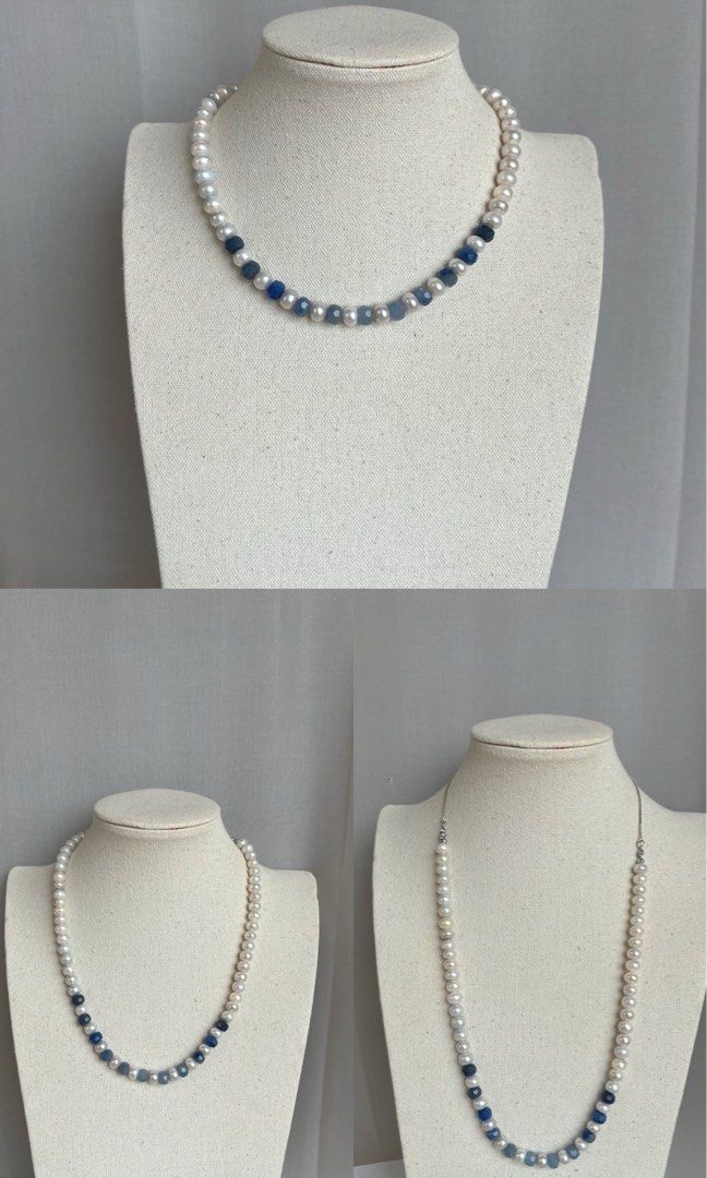 #PN193 London Evening |Freshwater Pearl Necklace & Bracelet Set |Aquamarine|Agate|Gradient Shades |Big Lustrous Pearl|Adjustable Length