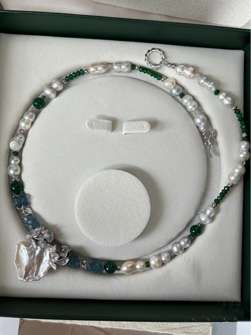 #PN160 [Floral Series] Sea Waves|Freshwater Pearl Necklace |Aquamarine|Jade|Petal Pearl |Big Baroque Pearl