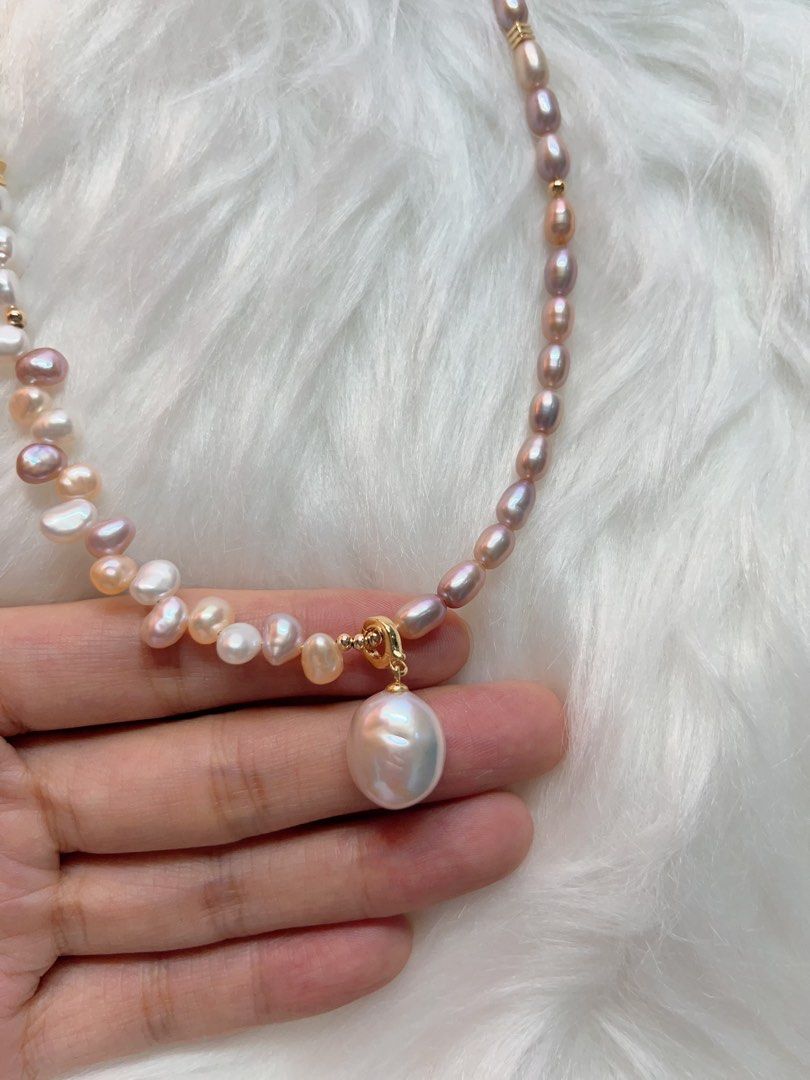 #PN285 Tender Pearl| Freshwater Pearl Necklace | Colorful Wheat Ear| Removable Pendant | Lustrous Coin Pearl | Metallic Rice Pearl