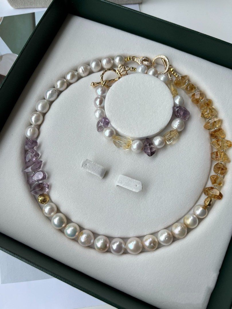 #PN237 Make a Presence | Freshwater Pearl Necklace & Bracelet Set|Yellow Quartz |Purple Quartz |High Quality National Stones|Big Baroque Pearl