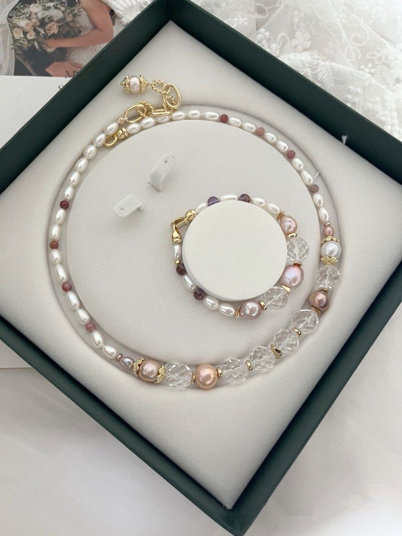 #PN252 [Sale] Clear Palace|Freshwater Pearl Necklace & Bracelet Set|Clear Quartz |Lustrous Edison Pearl |Champagne, Purple
