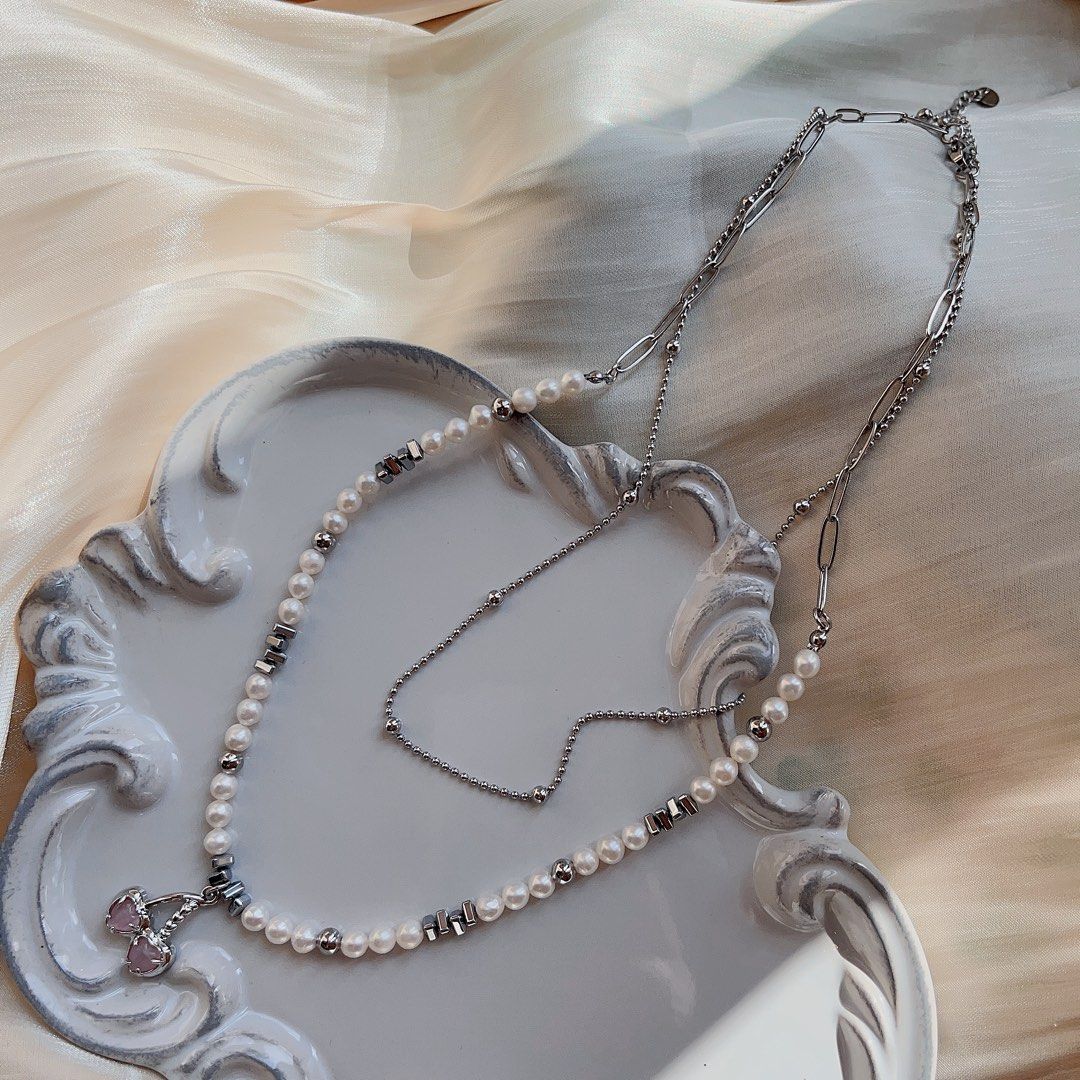 #PN95 [Sale]Natural Freshwater Pearl Necklace | Cool Silver Colour Necklace | Double Layered| Pink Crystal Cherry Pendant