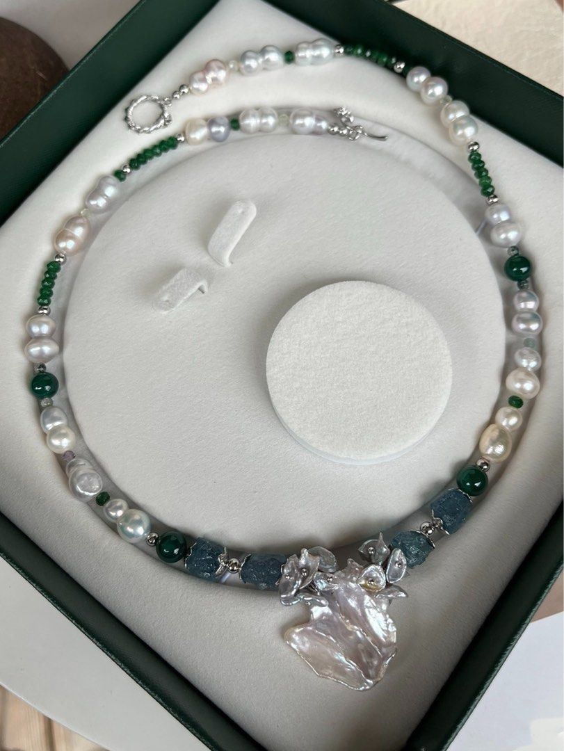 #PN160 [Floral Series] Sea Waves|Freshwater Pearl Necklace |Aquamarine|Jade|Petal Pearl |Big Baroque Pearl