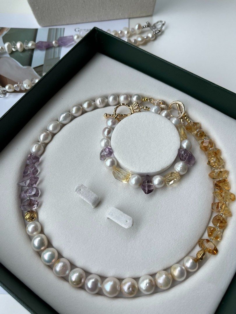 #PN237 Make a Presence | Freshwater Pearl Necklace & Bracelet Set|Yellow Quartz |Purple Quartz |High Quality National Stones|Big Baroque Pearl