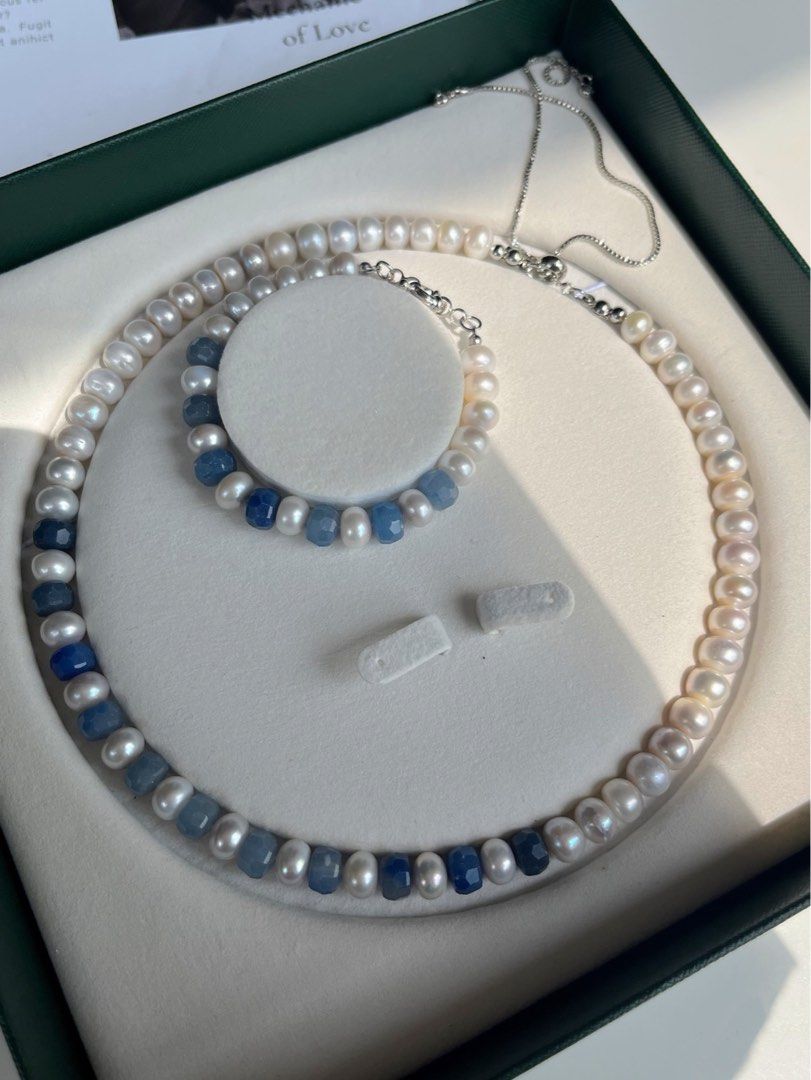 #PN193 London Evening |Freshwater Pearl Necklace & Bracelet Set |Aquamarine|Agate|Gradient Shades |Big Lustrous Pearl|Adjustable Length