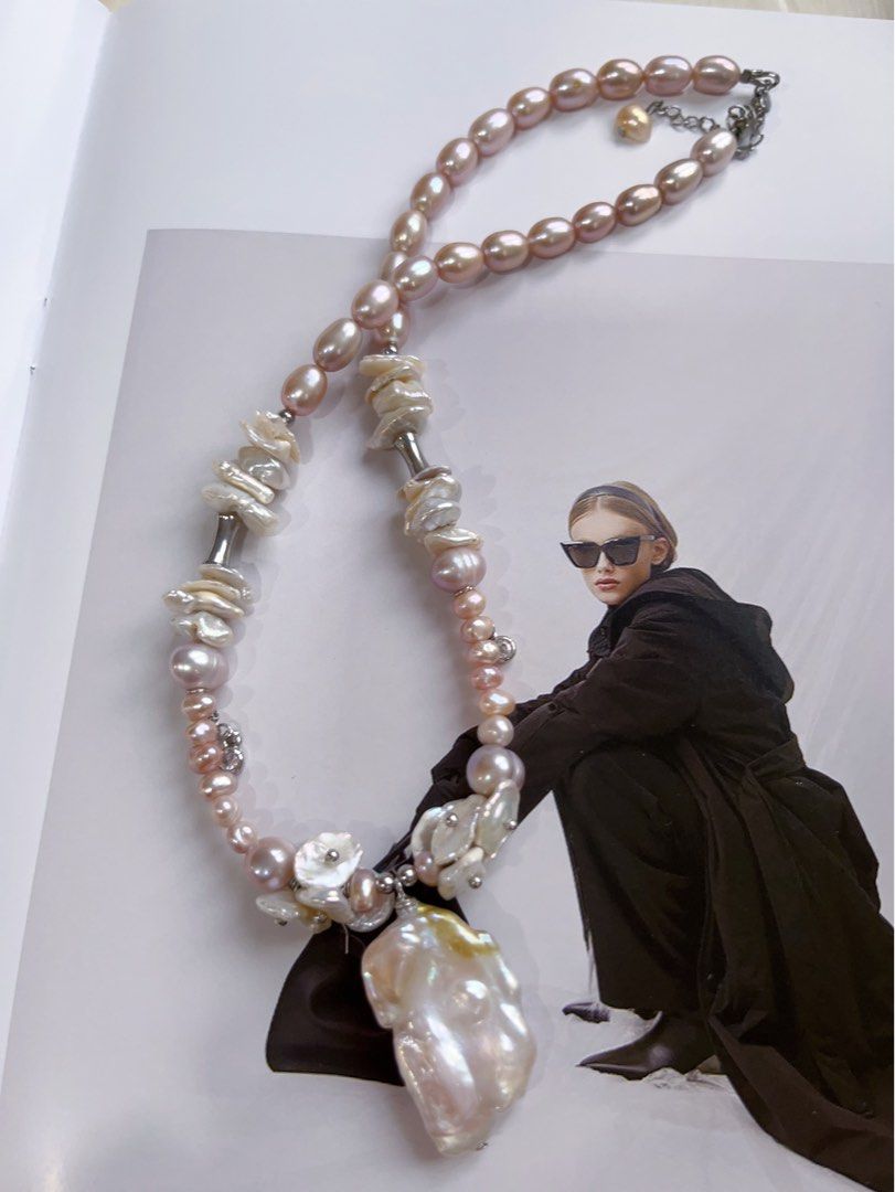 #PN141 [Floral Series] Original Design & Handmade |Genuine Freshwater Pearl Necklace & Earrings Set|Colourful|Big Baroque Pearl Pendant |Silver Style |Irregular ”Stone” Shaped Earrings