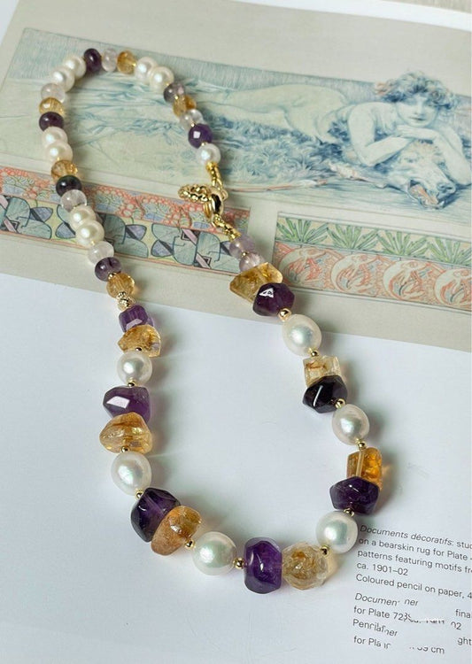 #PN17 Timeless Elegance |Freshwater Pearl Necklace |Amethyst, Citrine Freeform |Baroque Pearl |Fluorite Abacus
