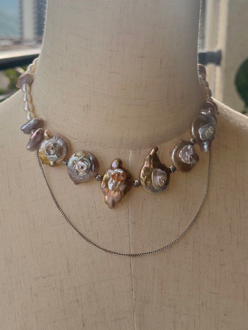 #PN170 [Sale][Floral Series] Garden Blooms | Handmade Original Design | Freshwater Pearl Necklace | Dangling Chain | Petal on Pearl| Layered Flowers