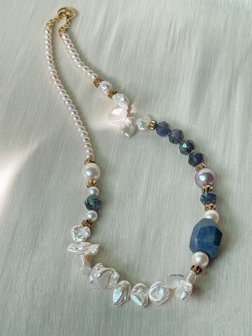 #PN75 Pearlescent Bliss| Freshwater Pearl Necklace | Big Sodalite Faceted| Flower Petal Baroque Pearl | Edison Pearl | Iolite