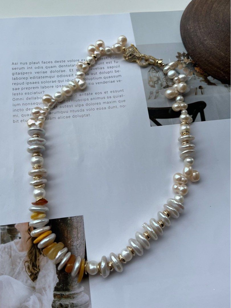 #PN36 [Sale]Buttoned Splendour | Handmade Original Design | Freshwater Pearl Necklace | Beeswax | Gourd Pearl| Button Pearl Leopard Clasp