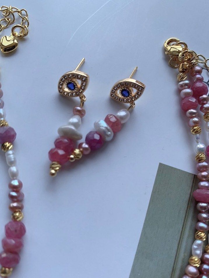 #PN207 Freshwater Pearl Necklace & Bracelet & Earrings Set| Tourmaline|White Edison & Pink Baroque Pearls