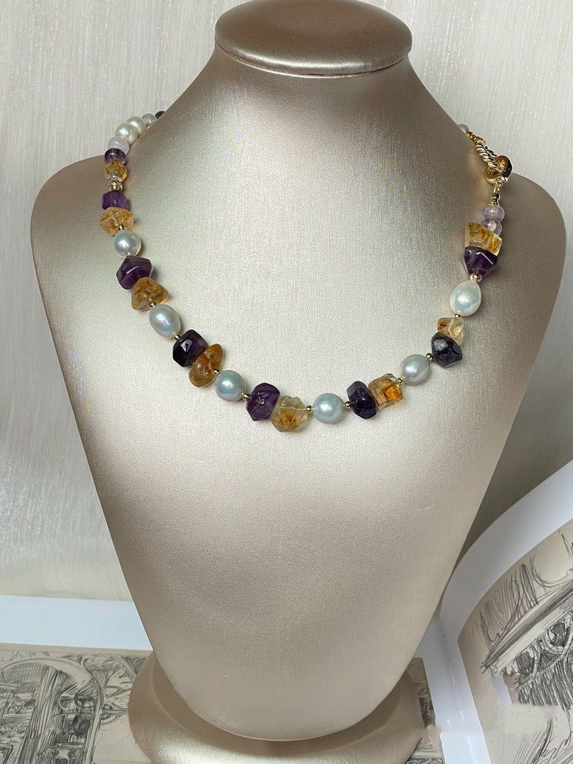 #PN17 Timeless Elegance |Freshwater Pearl Necklace |Amethyst, Citrine Freeform |Baroque Pearl |Fluorite Abacus