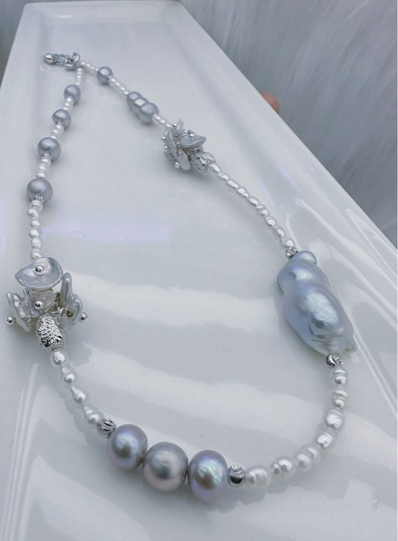 #PN142 [Sale][Floral Series] Silver Blueish Layered Pearl Necklace|One Big Baroque Pearl|Electro treated Colour