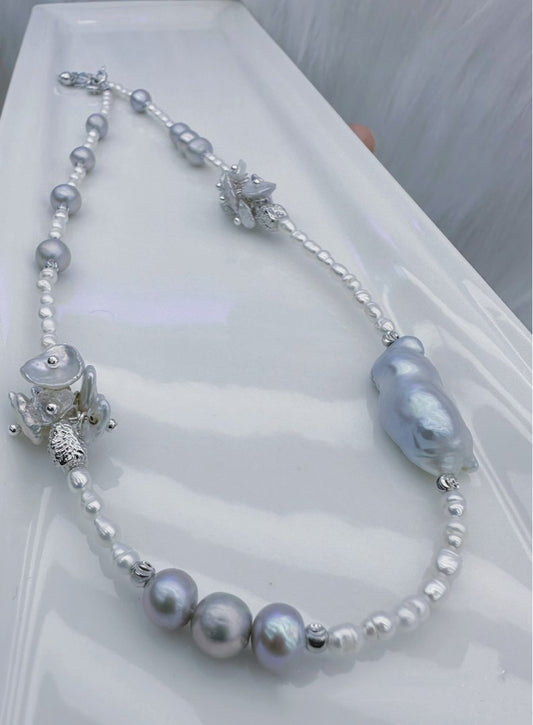 #PN142 [Sale][Floral Series] Silver Blueish Layered Pearl Necklace|One Big Baroque Pearl|Electro treated Colour