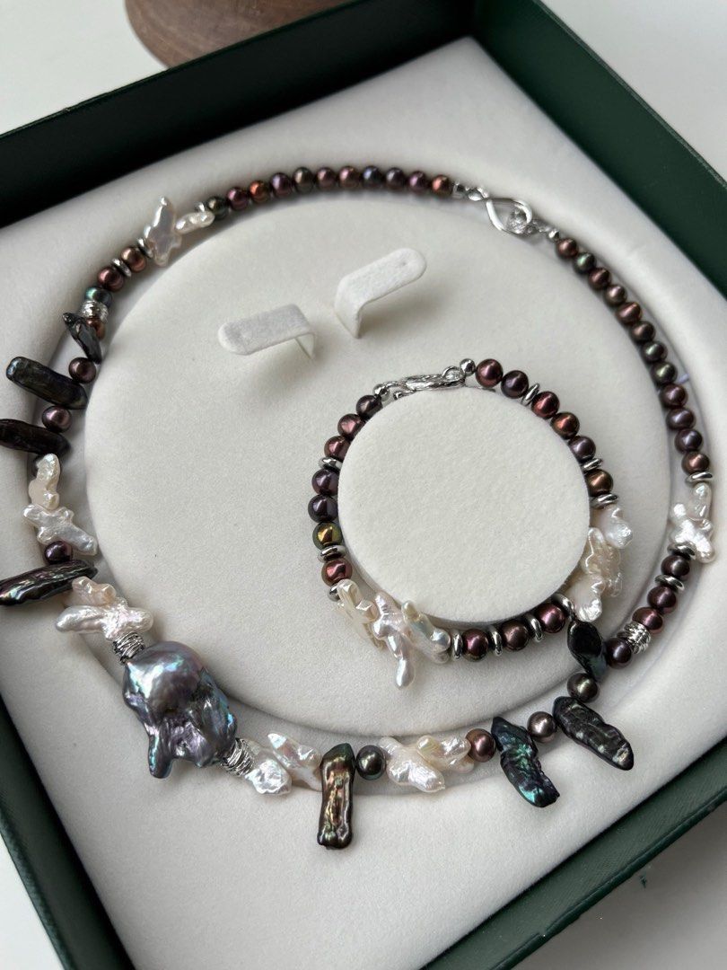 #PN238[Halloween Party] Industrial Hardcore|Freshwater Pearl Necklace & Bracelet Set |Cross Pearl |Metallic Lustre|Electro-treated Colour