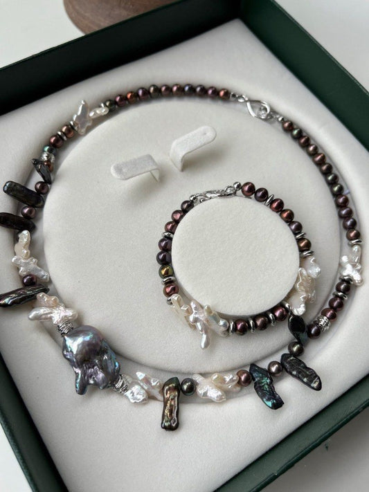 #PN238[Halloween Party] Industrial Hardcore|Freshwater Pearl Necklace & Bracelet Set |Cross Pearl |Metallic Lustre|Electro-treated Colour