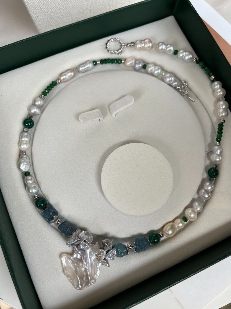#PN160 [Floral Series] Sea Waves|Freshwater Pearl Necklace |Aquamarine|Jade|Petal Pearl |Big Baroque Pearl