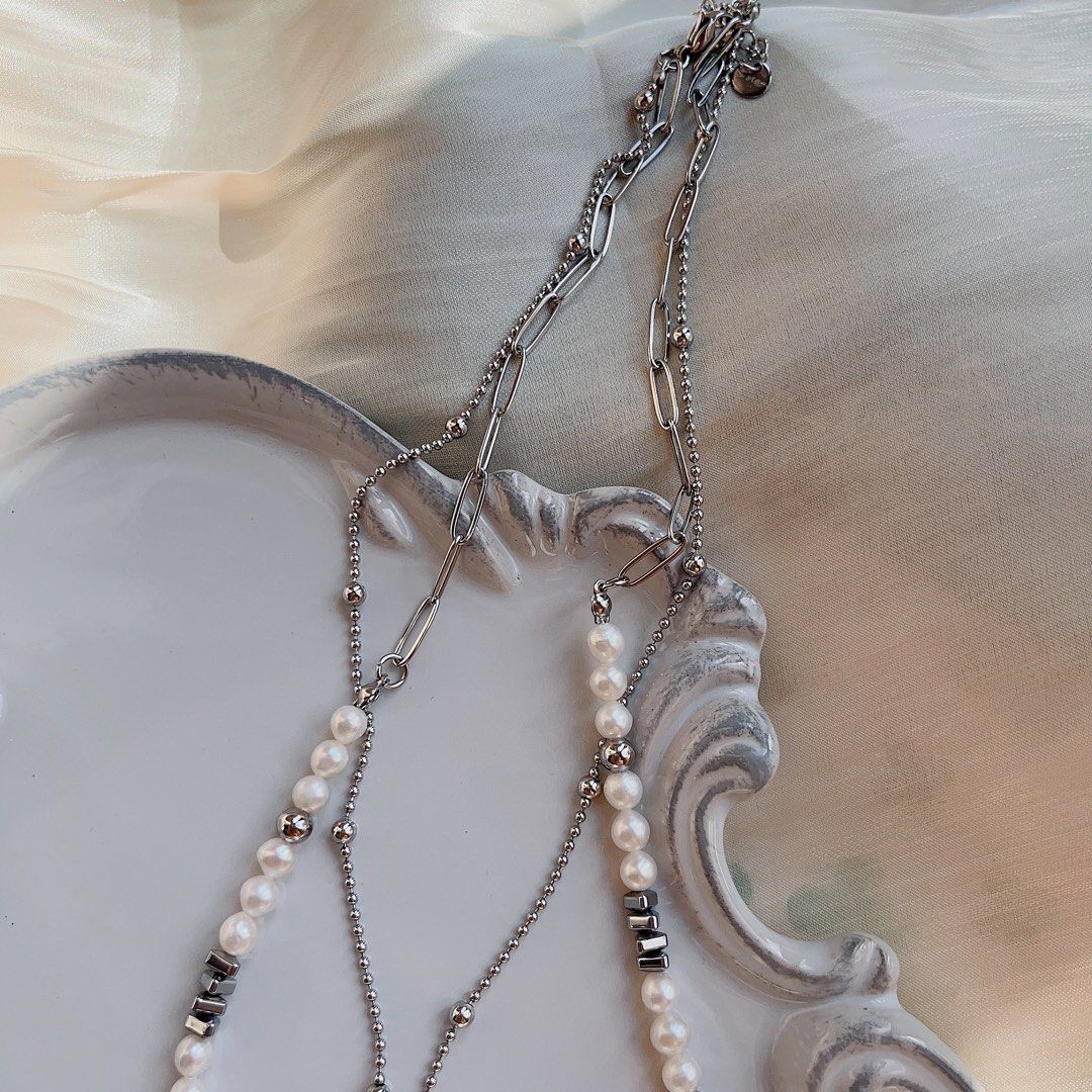 #PN95 [Sale]Natural Freshwater Pearl Necklace | Cool Silver Colour Necklace | Double Layered| Pink Crystal Cherry Pendant