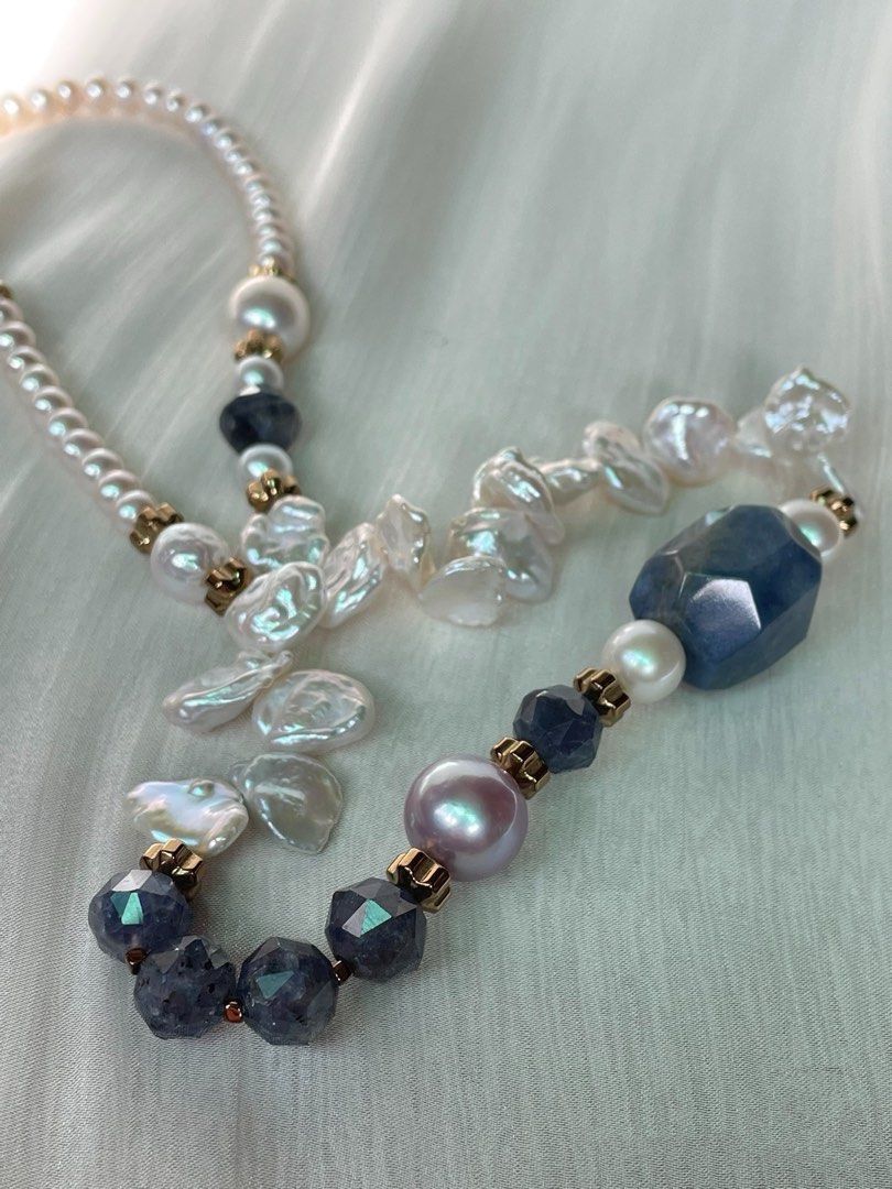 #PN75 Pearlescent Bliss| Freshwater Pearl Necklace | Big Sodalite Faceted| Flower Petal Baroque Pearl | Edison Pearl | Iolite