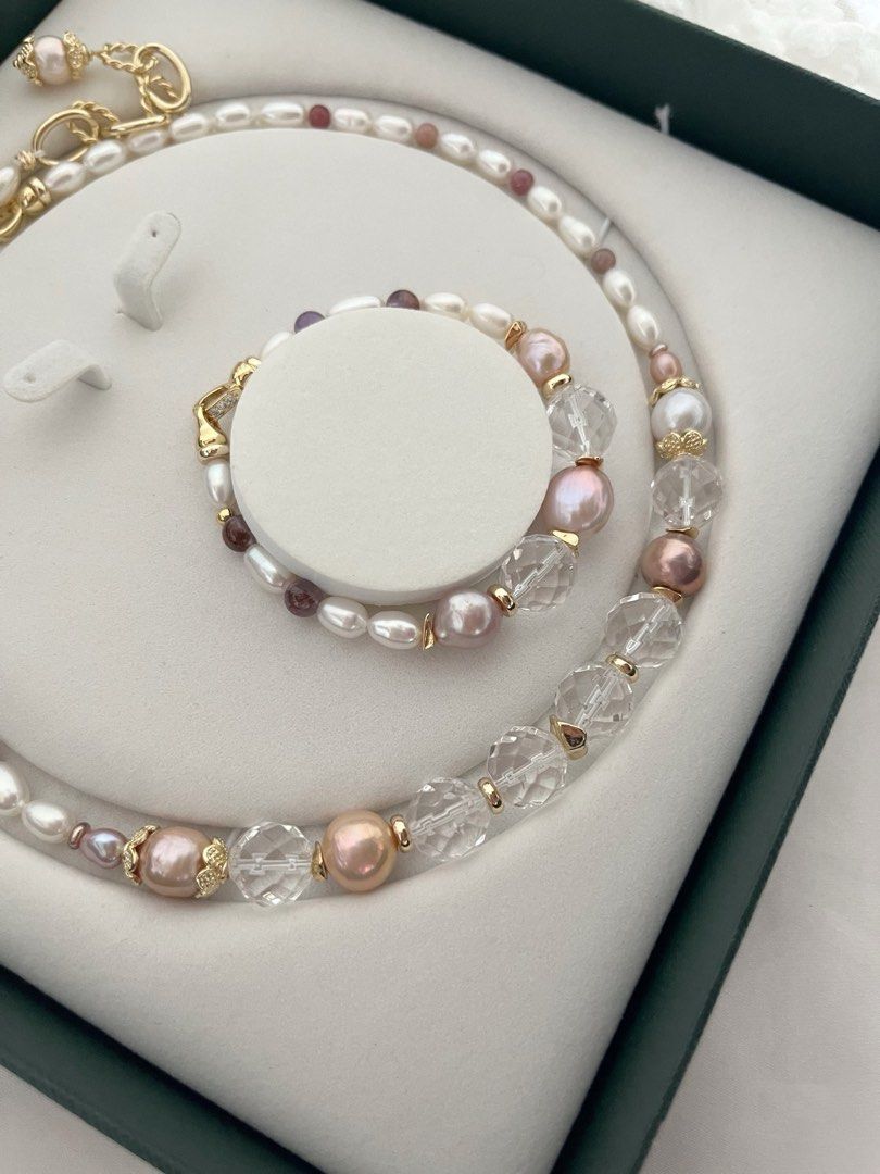 #PN252 [Sale] Clear Palace|Freshwater Pearl Necklace & Bracelet Set|Clear Quartz |Lustrous Edison Pearl |Champagne, Purple