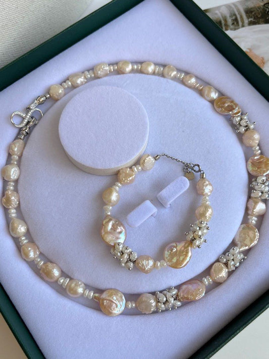 #PN130 [Floral Series] Thorny Champagne Rose|Freshwater Pearl Necklace & Bracelet Set |Thorny Baroque Pearl |Baby Pearl