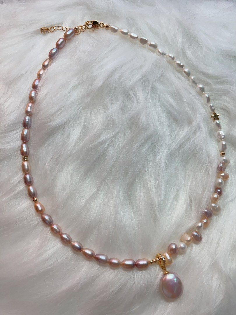 #PN285 Tender Pearl| Freshwater Pearl Necklace | Colorful Wheat Ear| Removable Pendant | Lustrous Coin Pearl | Metallic Rice Pearl