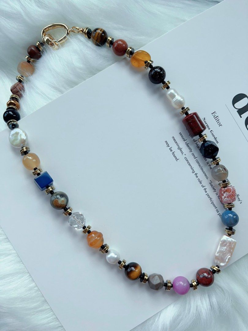 #PN276 Brown Garden| Freshwater Pearl Necklace | Yellow, Blue Sandstone Faceted| Agate| Coin, Gourd Pearl | Tiger Eye| Rectangle Baroque | Grey Agate Bell