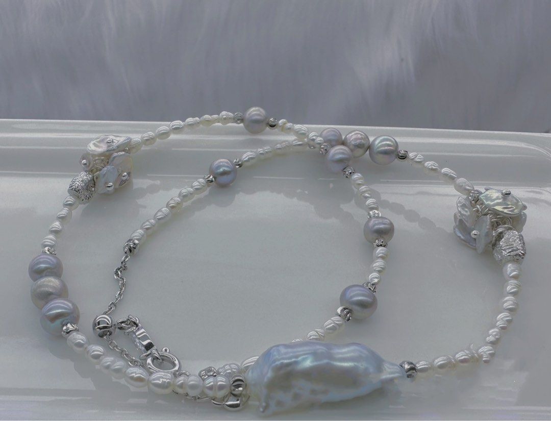 #PN142 [Sale][Floral Series] Silver Blueish Layered Pearl Necklace|One Big Baroque Pearl|Electro treated Colour