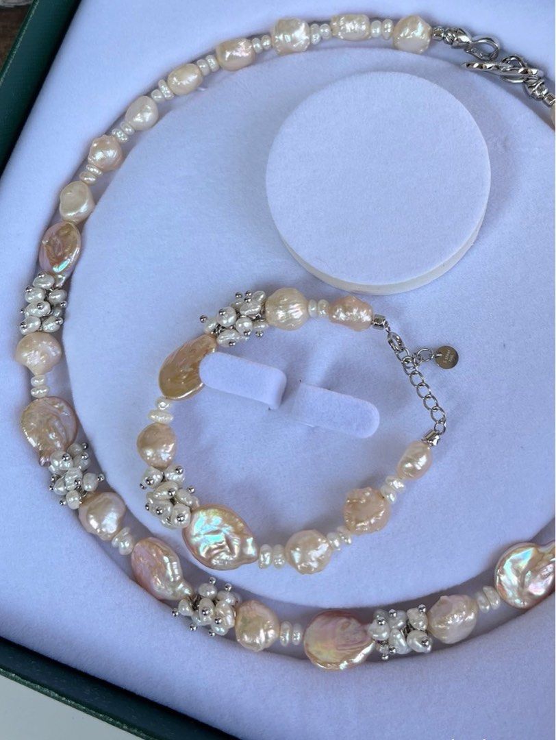 #PN130 [Floral Series] Thorny Champagne Rose|Freshwater Pearl Necklace & Bracelet Set |Thorny Baroque Pearl |Baby Pearl