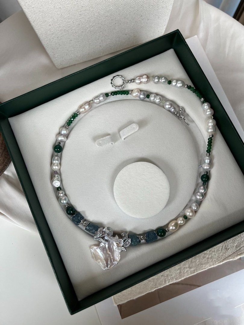#PN160 [Floral Series] Sea Waves|Freshwater Pearl Necklace |Aquamarine|Jade|Petal Pearl |Big Baroque Pearl