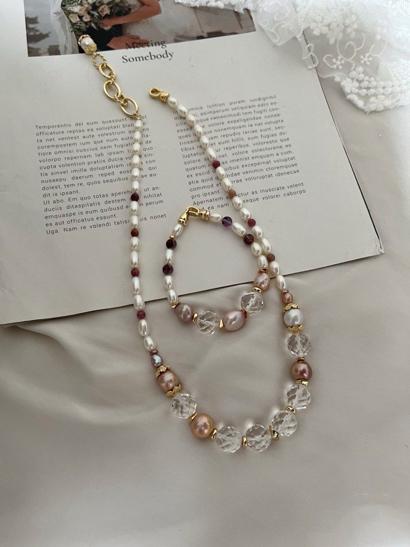#PN252 [Sale] Clear Palace|Freshwater Pearl Necklace & Bracelet Set|Clear Quartz |Lustrous Edison Pearl |Champagne, Purple