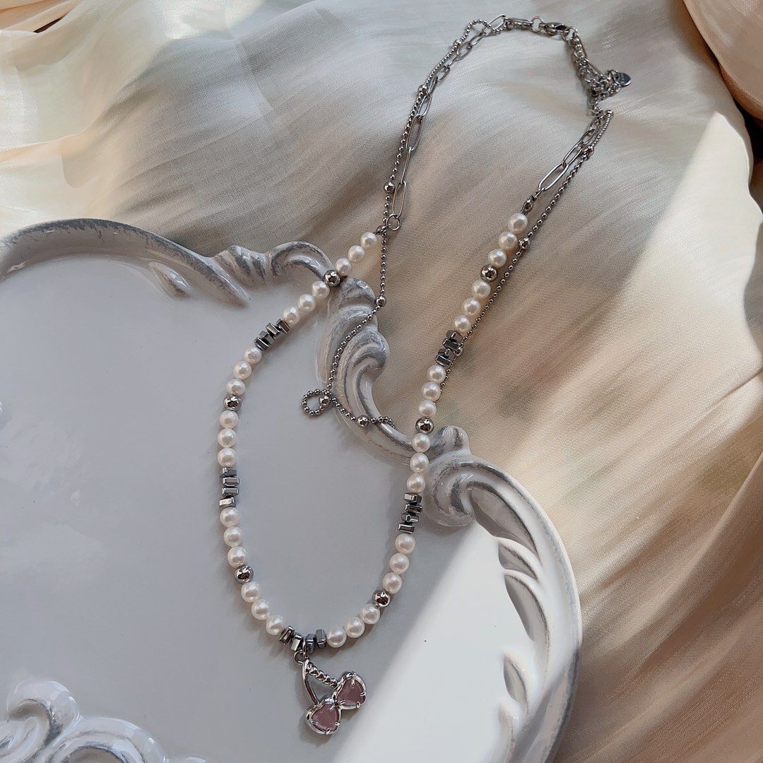 #PN95 [Sale]Natural Freshwater Pearl Necklace | Cool Silver Colour Necklace | Double Layered| Pink Crystal Cherry Pendant