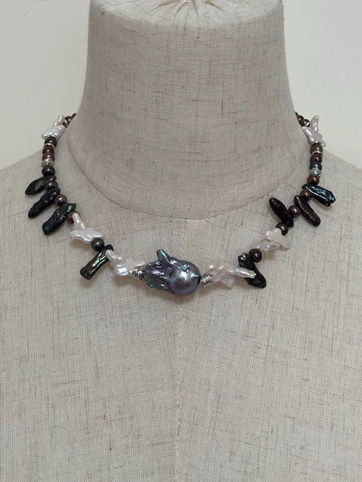 #PN238[Halloween Party] Industrial Hardcore|Freshwater Pearl Necklace & Bracelet Set |Cross Pearl |Metallic Lustre|Electro-treated Colour